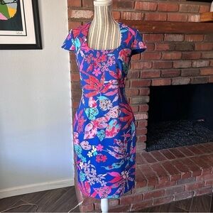 David Meister Cap-Sleeve Floral Ponte Sheath Dress in Blue Multicolor Sz 6